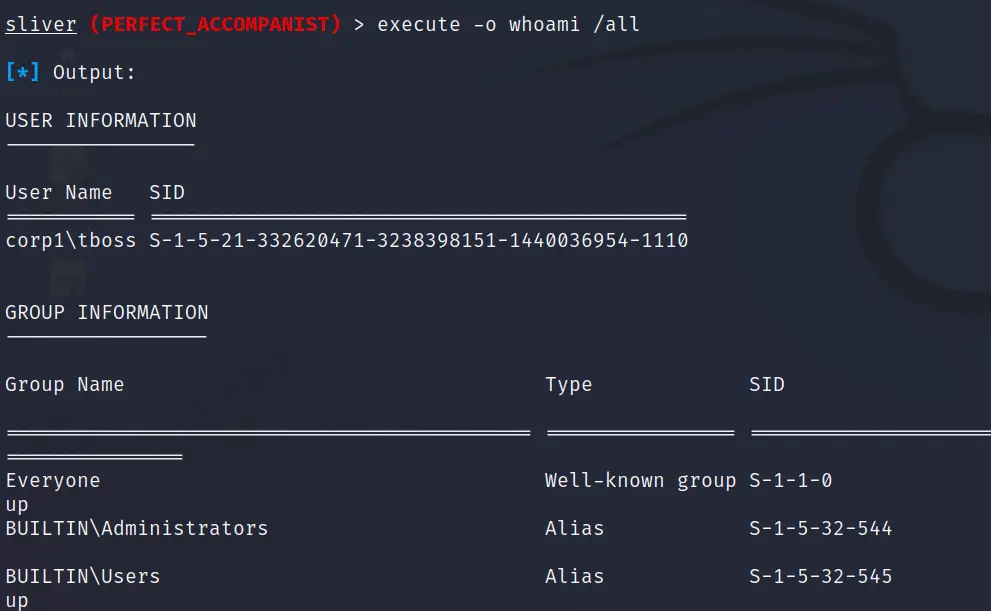 whoami executed through the Sliver beacon