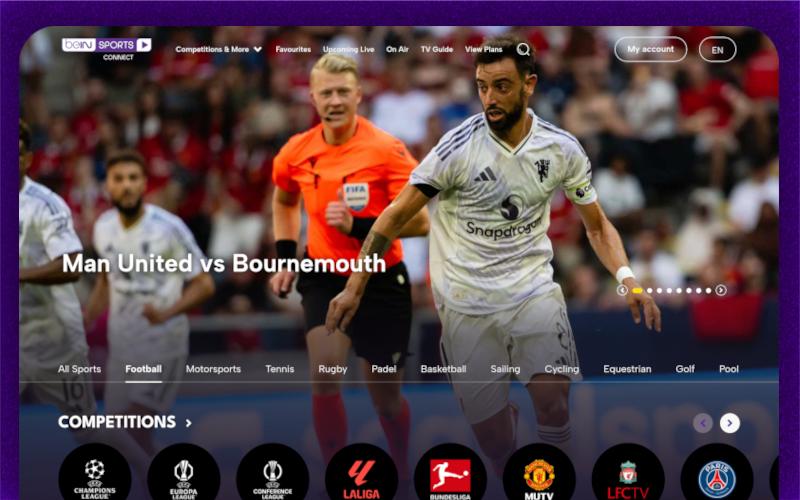 Screenshot of the beIN SPORTS CONNECT homepage