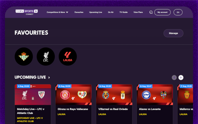 Screenshot of the beIN SPORTS CONNECT favourite feature