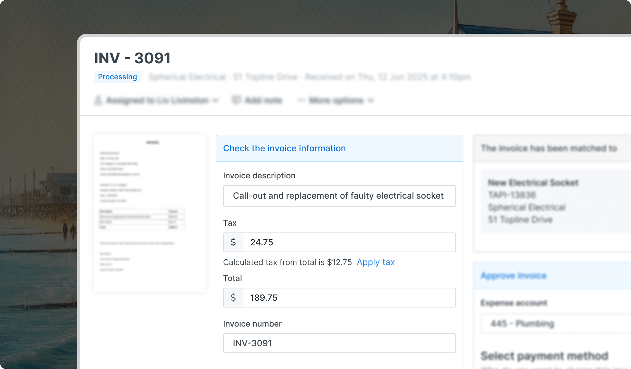 Tapi Bill AI extracting invoice details automatically from documents.