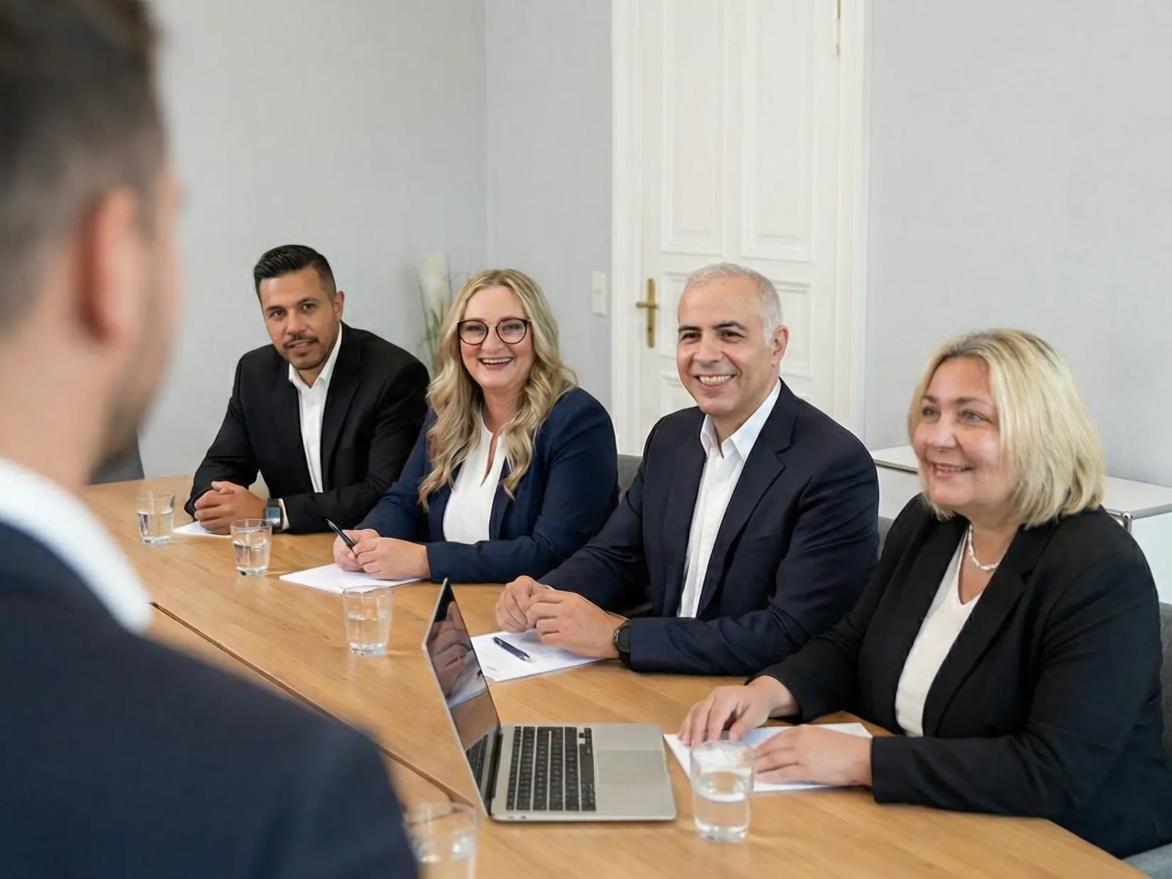 Zwei Herren und zwei Dame hören einem Sprecher zu.