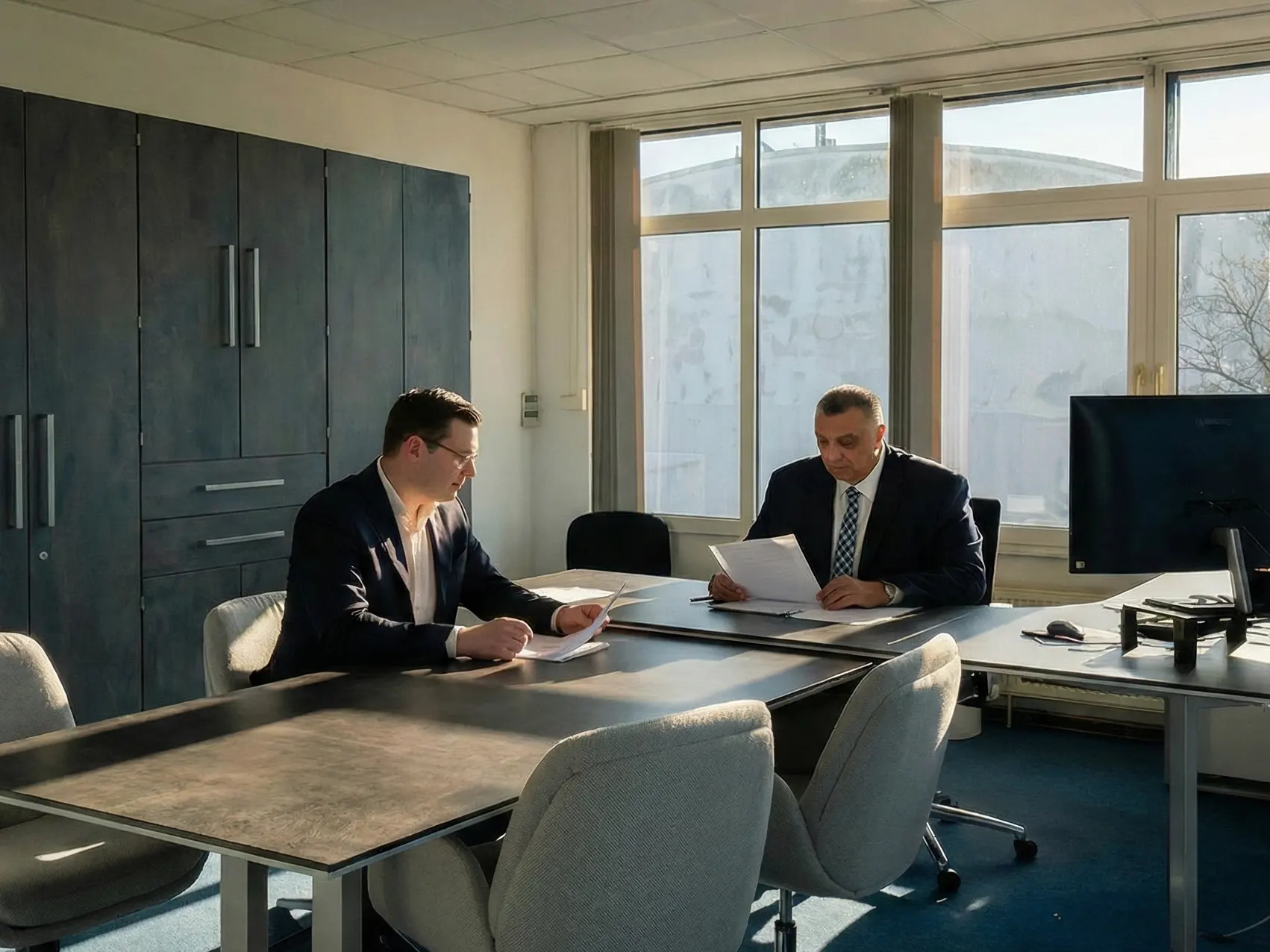 Zwei Personen arbeiten in einem Konferenzraum.