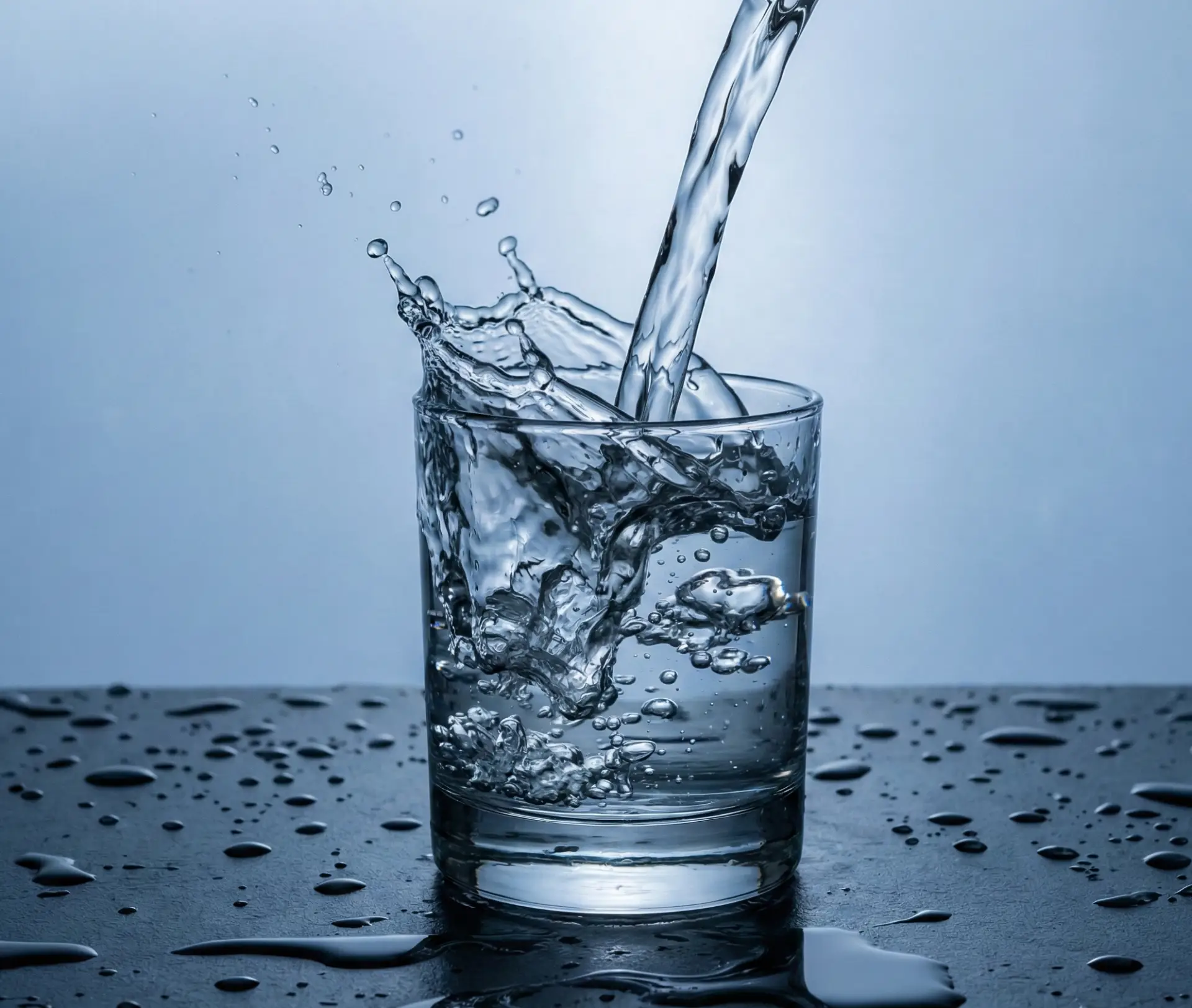 Ein Wasserglas, dass mit klarem Wasser befüllt wird.