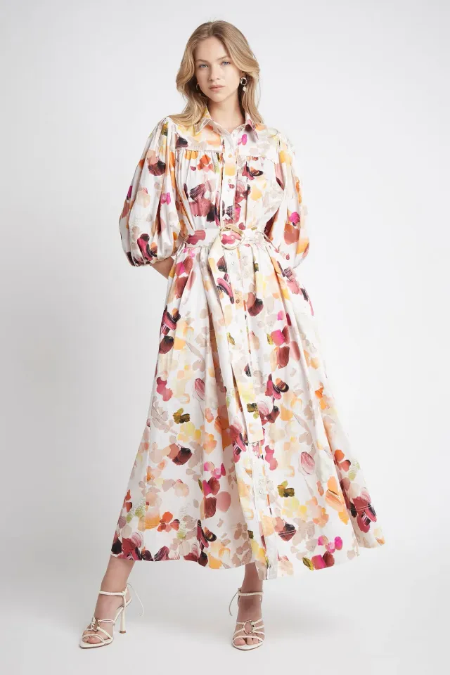 Dassia Puff Sleeve Shirt Midi Dress