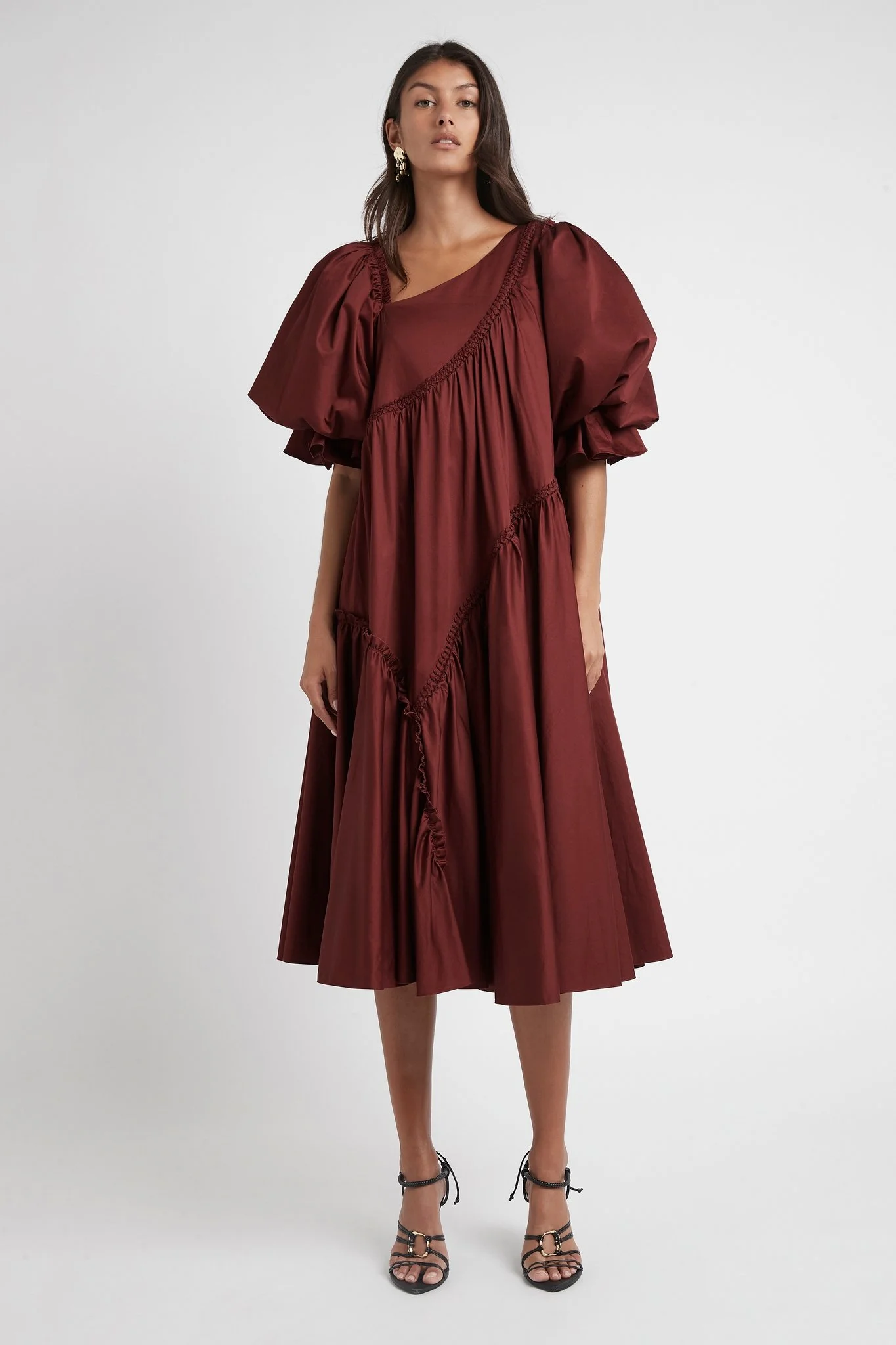 Casabianca Braided Asymmetric Puff Sleeve Midi Dress