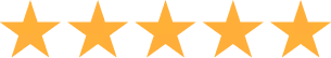 Five gold stars in a horizontal row, symbolizing a top rating or quality.