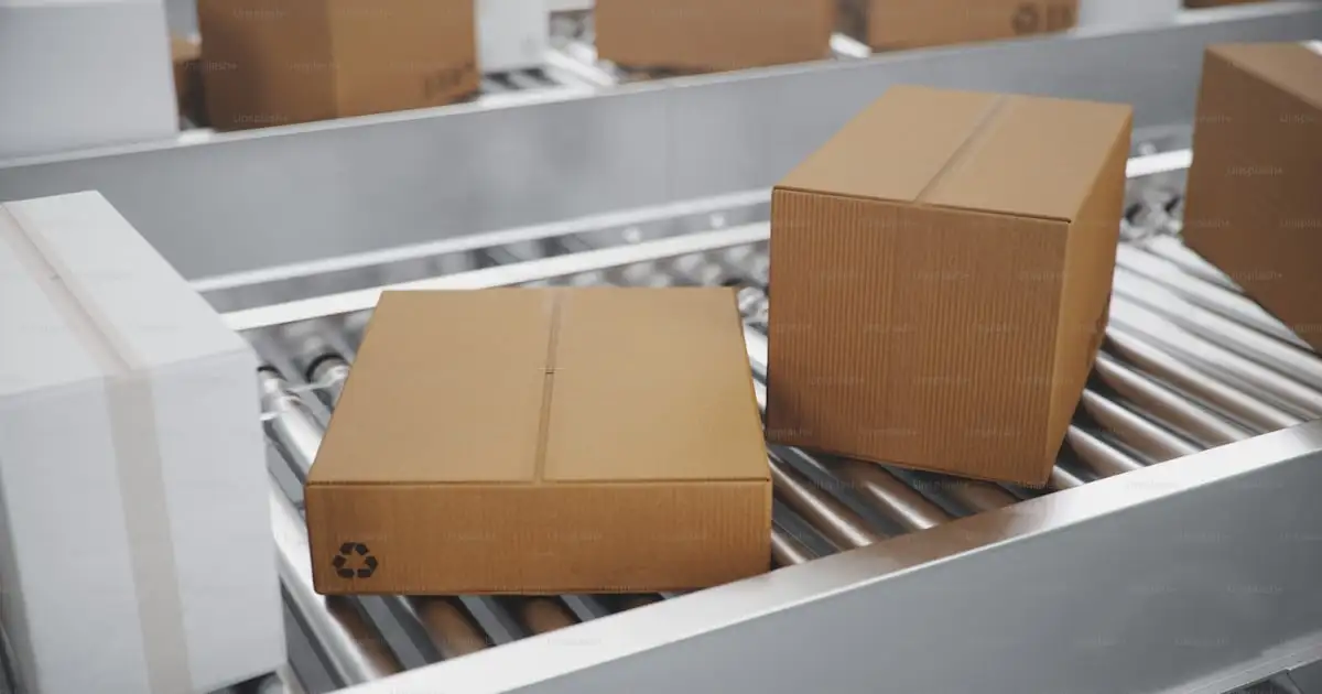 Two workers in yellow hard hats taping a box for shipping
