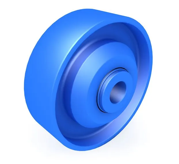 Detail view of double-row steel ball bearing system in blue wheels