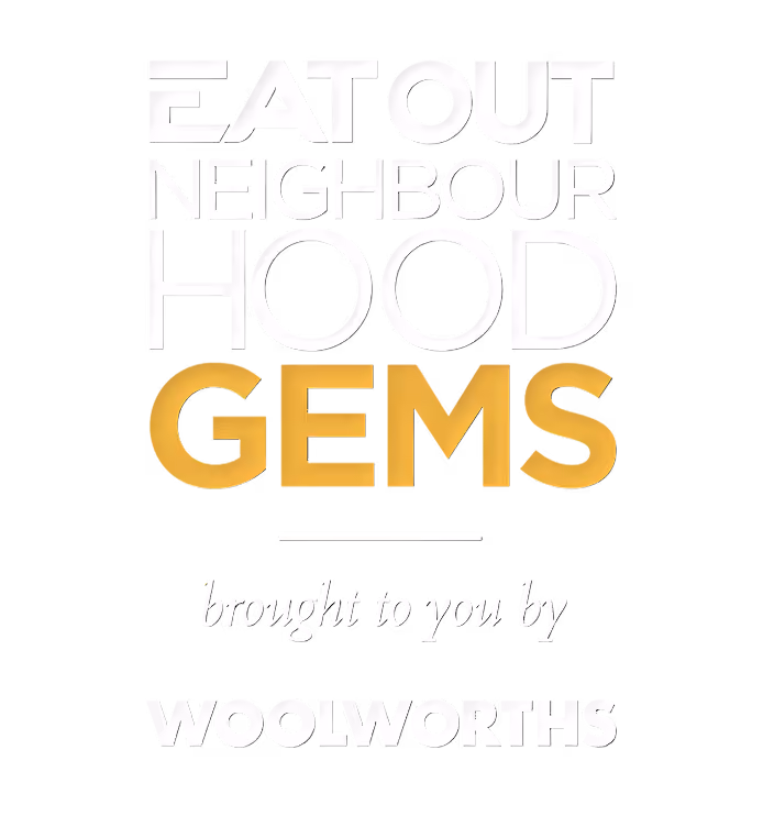 Eat Out Neighbourhood Gems logo with Woolworths sponsorship text on black background.