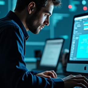 Cybersecurity analyst monitoring real-time threats and securing enterprise networks using threat intelligence software.