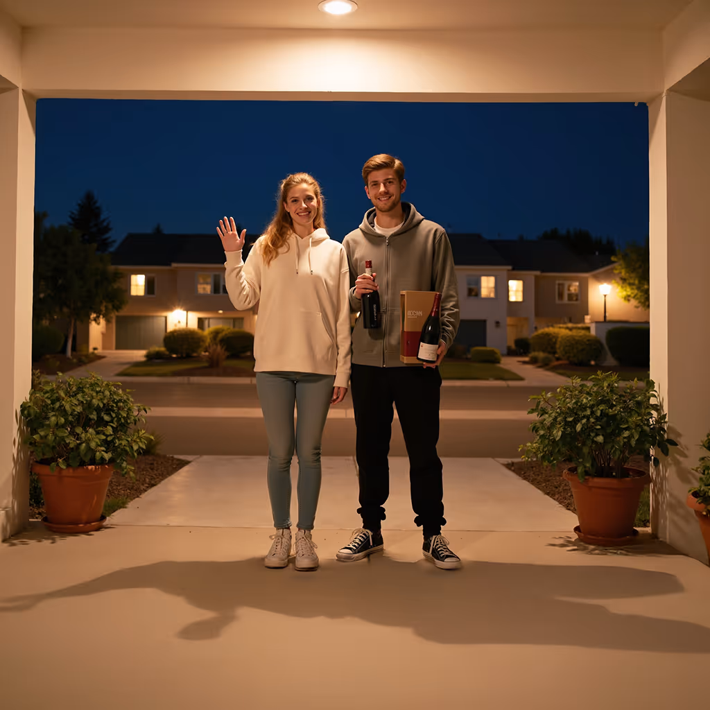 Young woman waving and young man holding two bottles of wine standing outside a house at night.