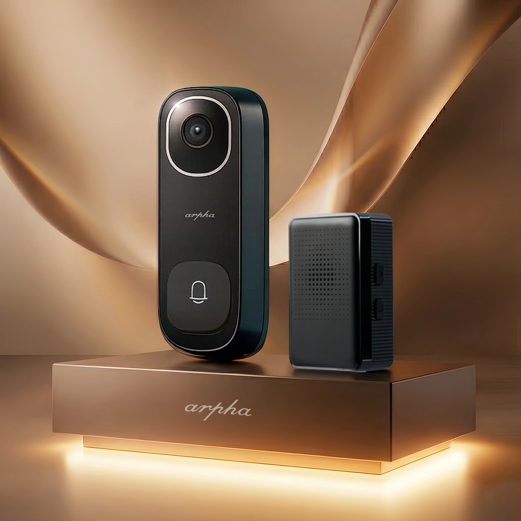 Modern black video doorbell with camera and separate speaker unit displayed on a glossy pedestal with warm gold lighting.