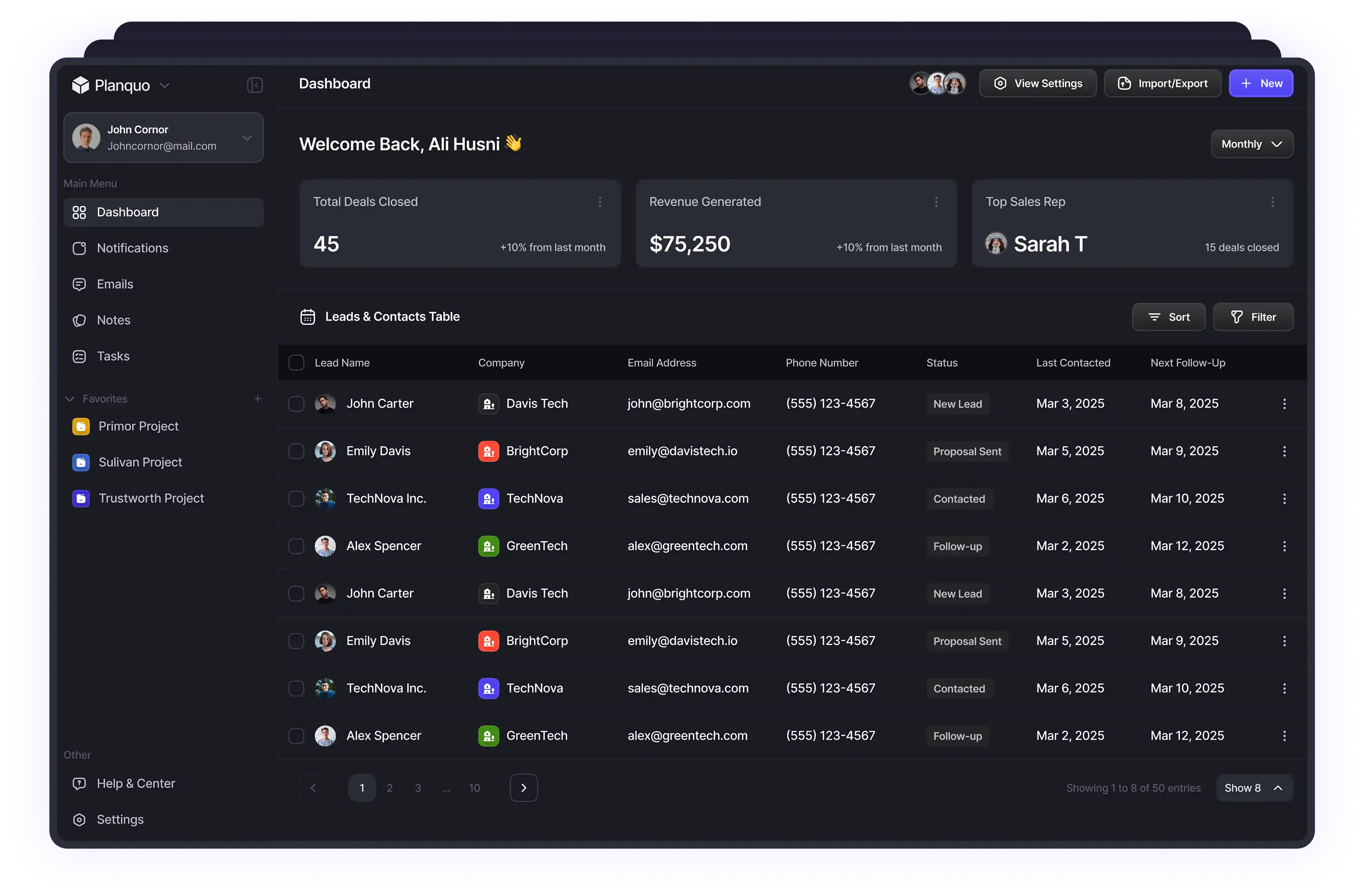 Ipad screen of Planquo dashboard