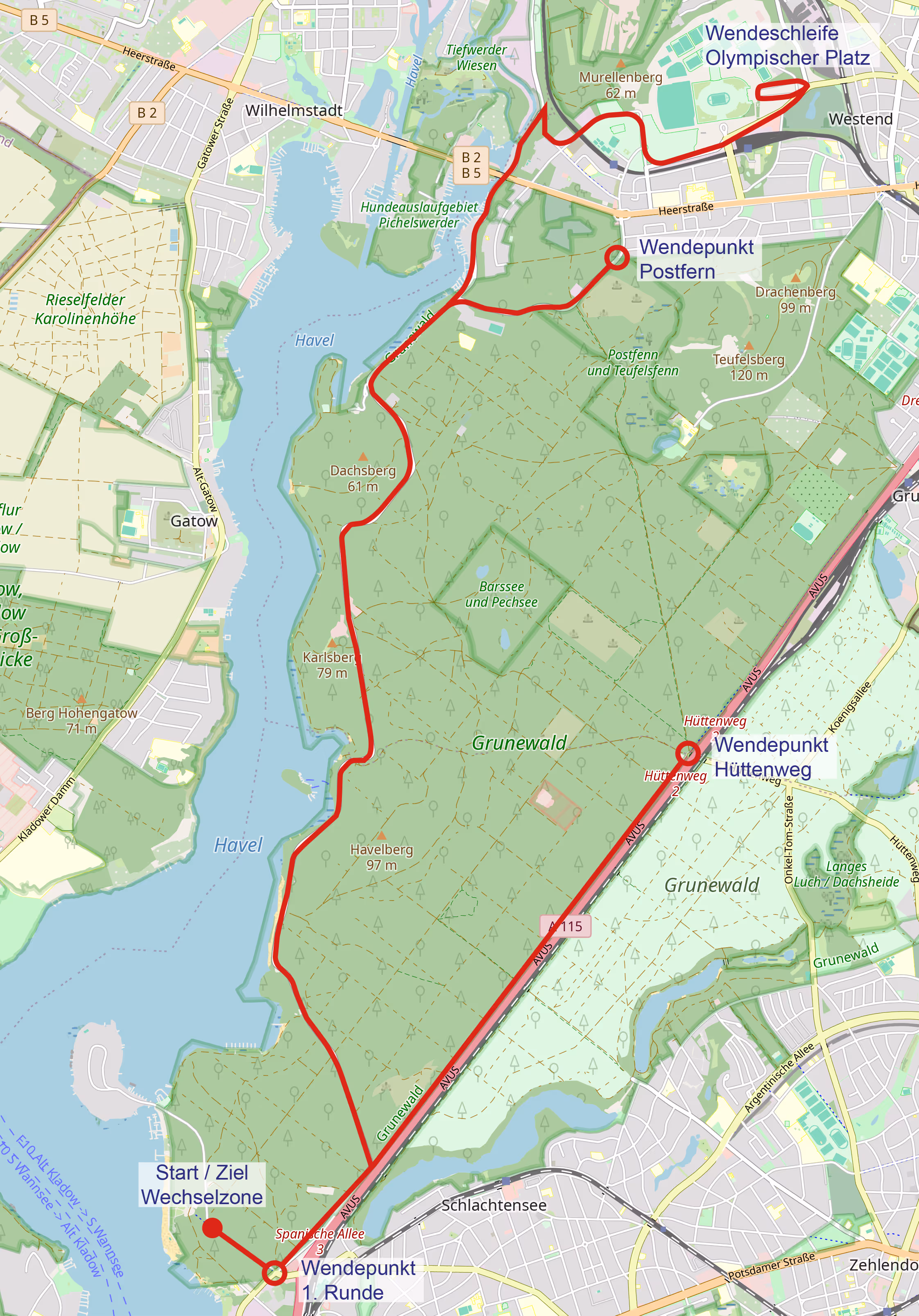 Karte der 80 km Radstrecke Mitteldistanz: Start/Ziel, Wendepunkte, Wechselzone