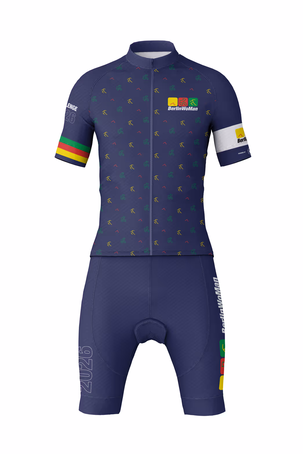 BerlinWoMan Triathlon-Teamwear 2026 in Dunkelblau mit ikonischen Schwimm-, Rad- und Lauf-Piktogrammen sowie farbigen Streifen – designed für das Event am Wannsee — Frontalansicht