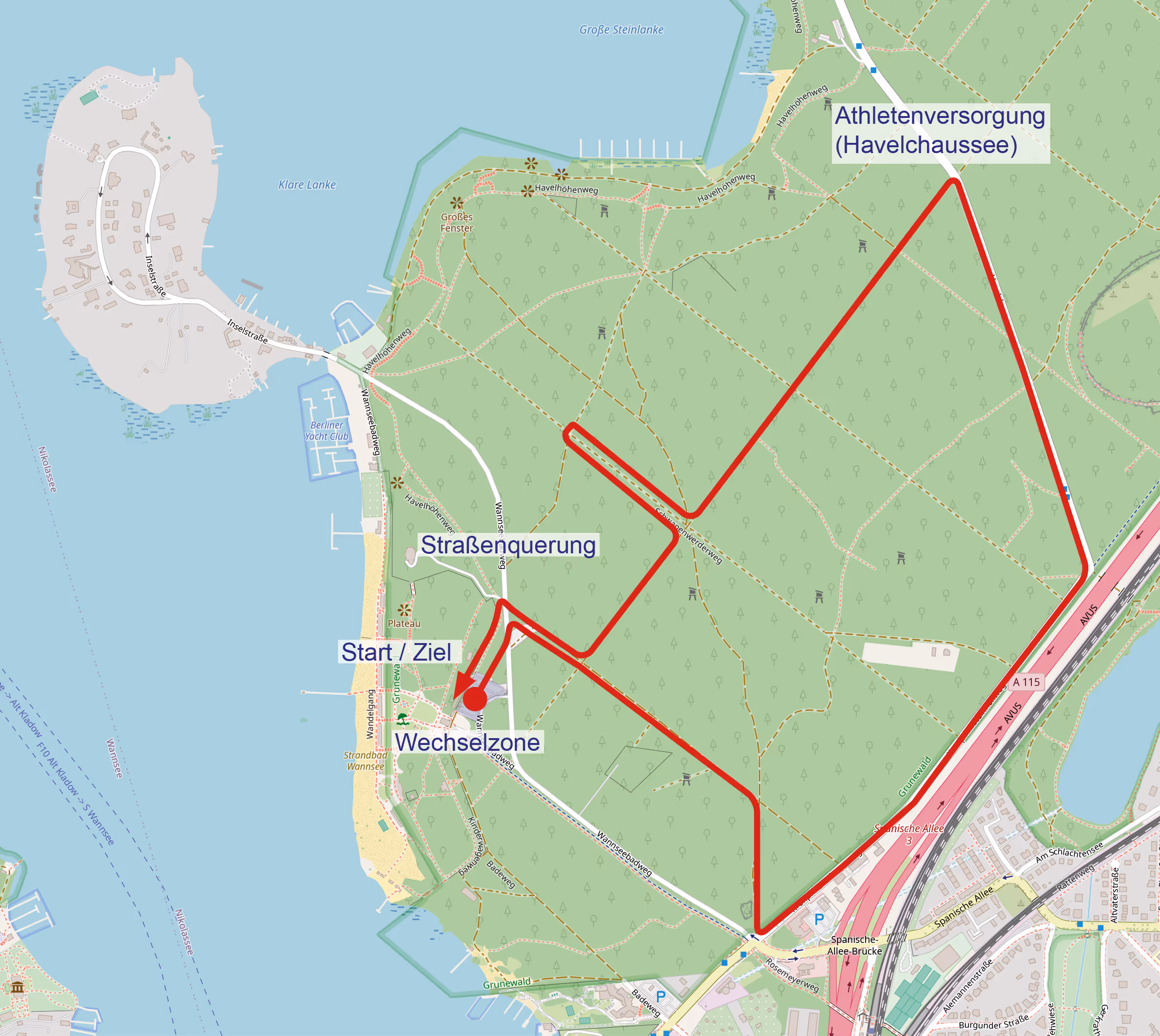 Laufstrecke
5 km (1 Runde) Sprintdistanzen, 20 km (4 Runden) Mitteldistanzen:  von der Wechselzone den Wannseebadweg überqueren zum Parkplatz und weiter durch den Grunewald zum Kronprinzessinnenweg, diesen folgend bis zur Havelchaussee, dann diese entlang bis zur Abbiegung in den Grunewald und zurück zum Parkplatz mit Endspurt ins Ziel.