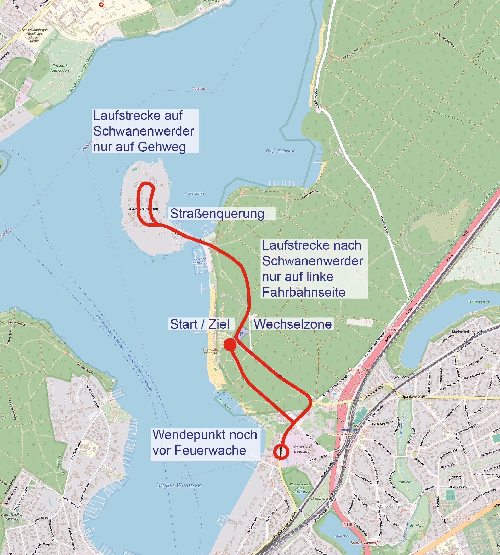 Karte der 20 km Laufstrecke rund um den Großen Wannsee mit markiertem Start/Ziel, Wechselzone, Wendepunkt vor der Feuerwache, Straßenquerung und Laufweg auf Schwanenwerder.