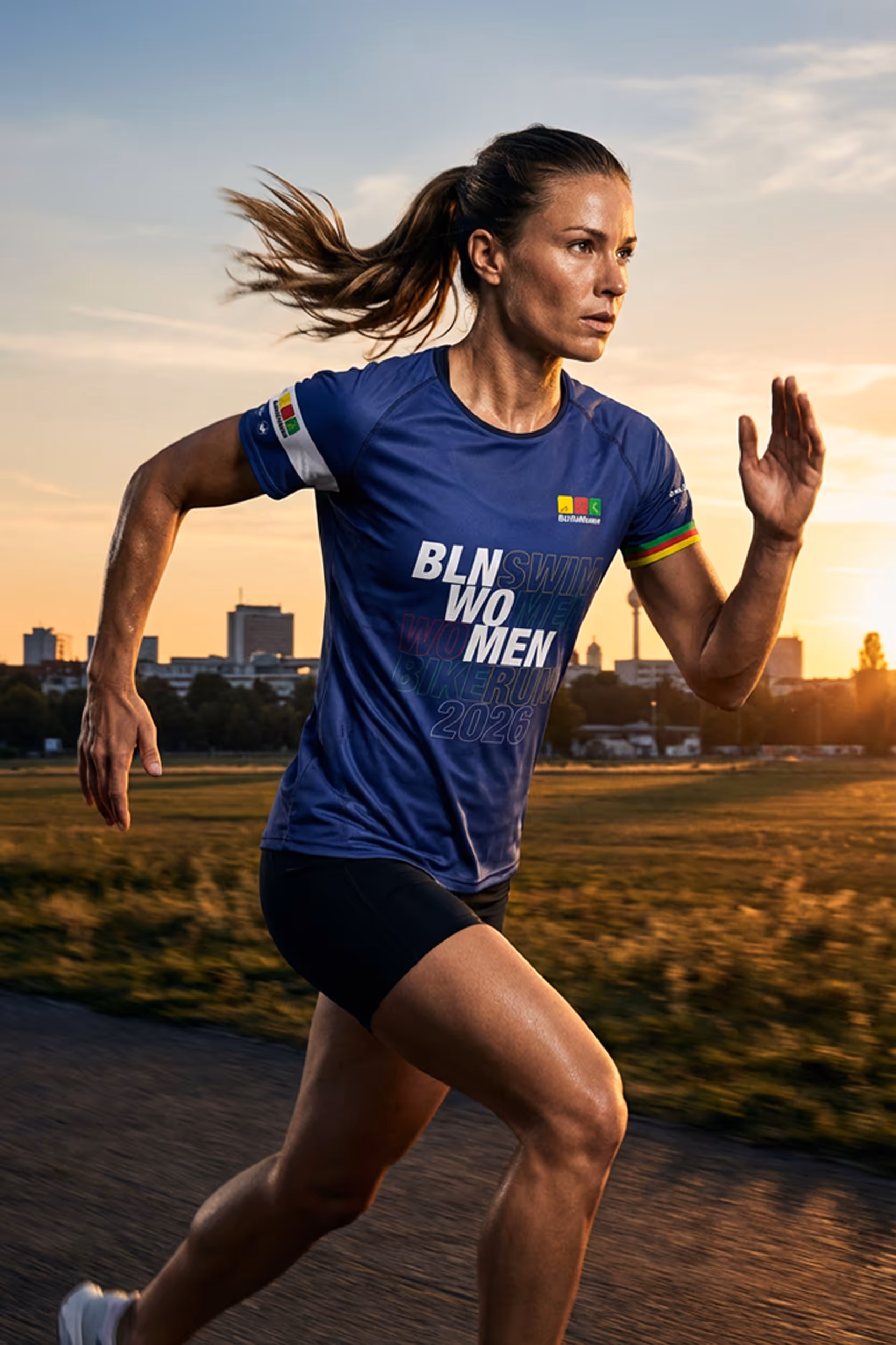 Frau beim Laufen im Freien bei Sonnenuntergang mit Sportshirt und kurzen Hosen.