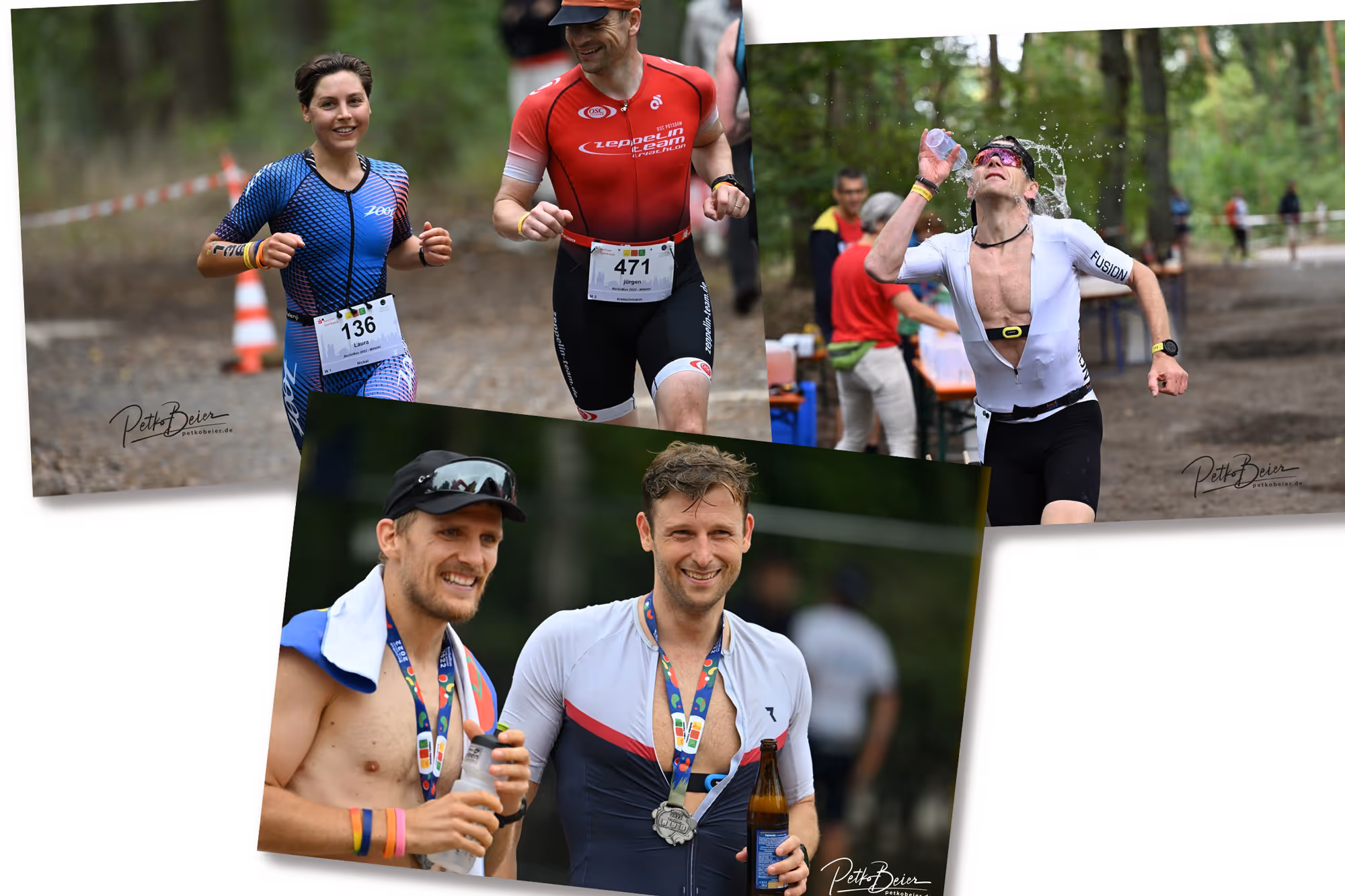 Collage of athletes during and after a race: one woman and one man running in athletic gear with race numbers, a man pouring water on his face, and two men smiling with medals and drinks after the race.