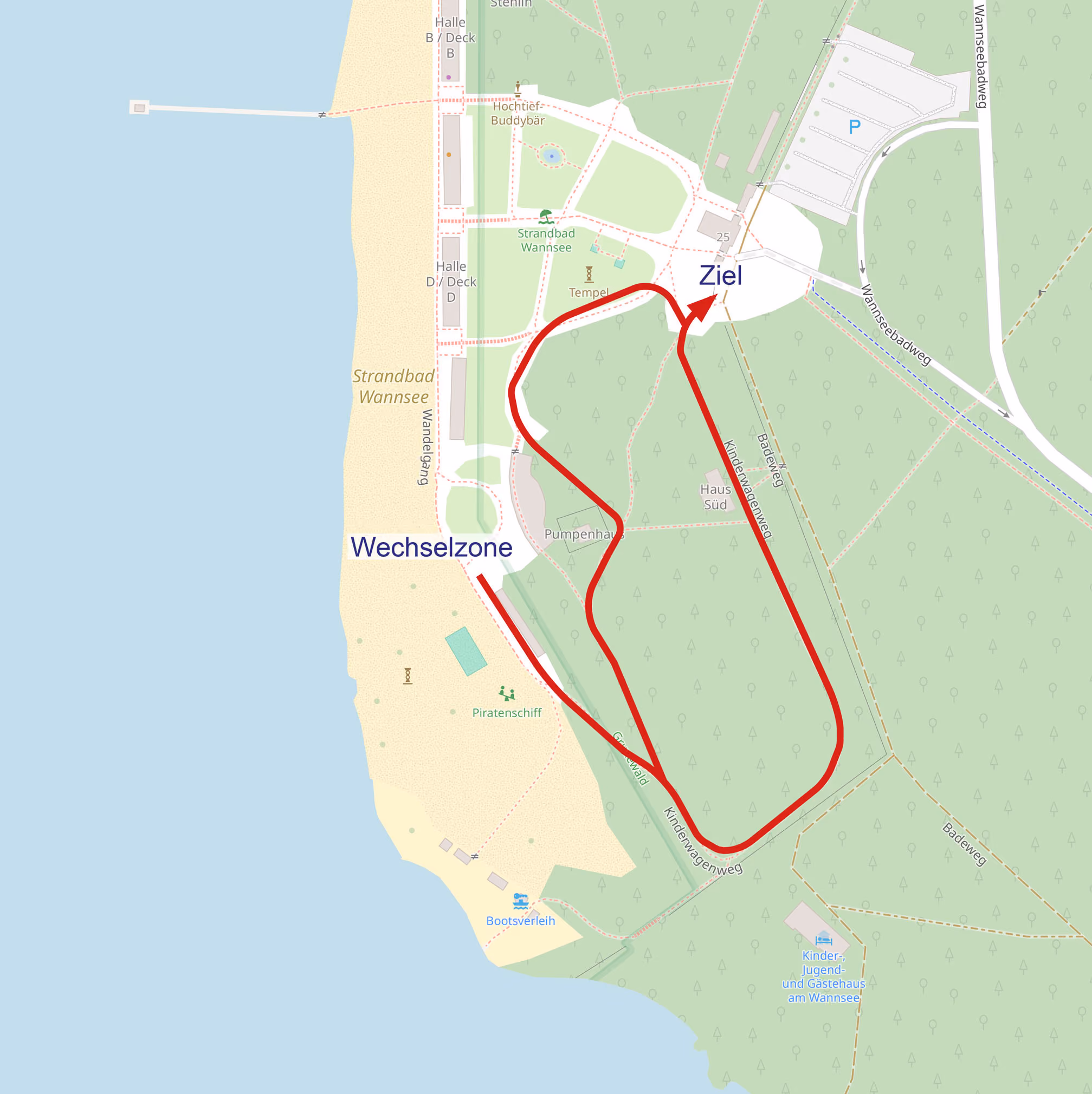 Karte zeigt Laufstrecke am Strandbad Wannsee mit Start bei Wechselzone und Ziel im Park