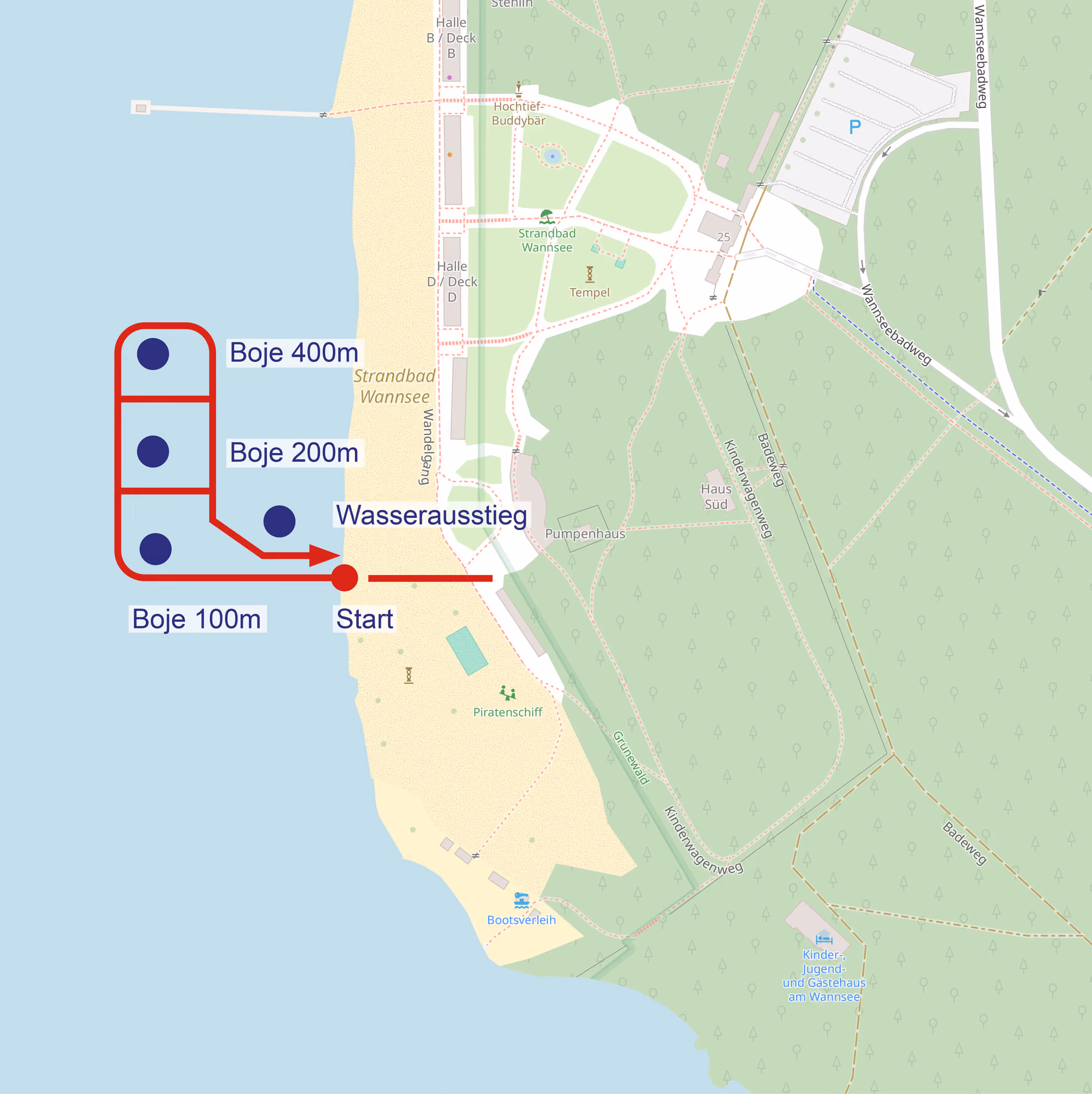 Karte zeigt Schwimmstrecke mit Start, Bojen bei 100 m, 200 m und 400 m und Wasserausstieg am Strandbad Wannsee.