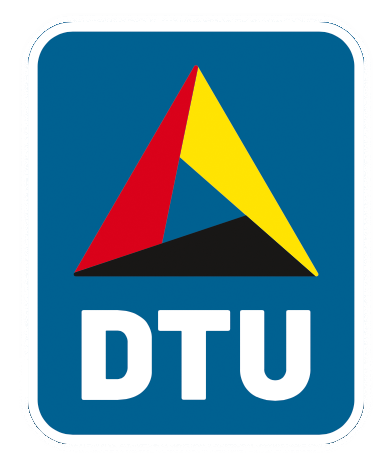 Logo der Technischen Universität Dänemarks mit stilisiertem Dreieck in Rot, Gelb und Schwarz über DTU.