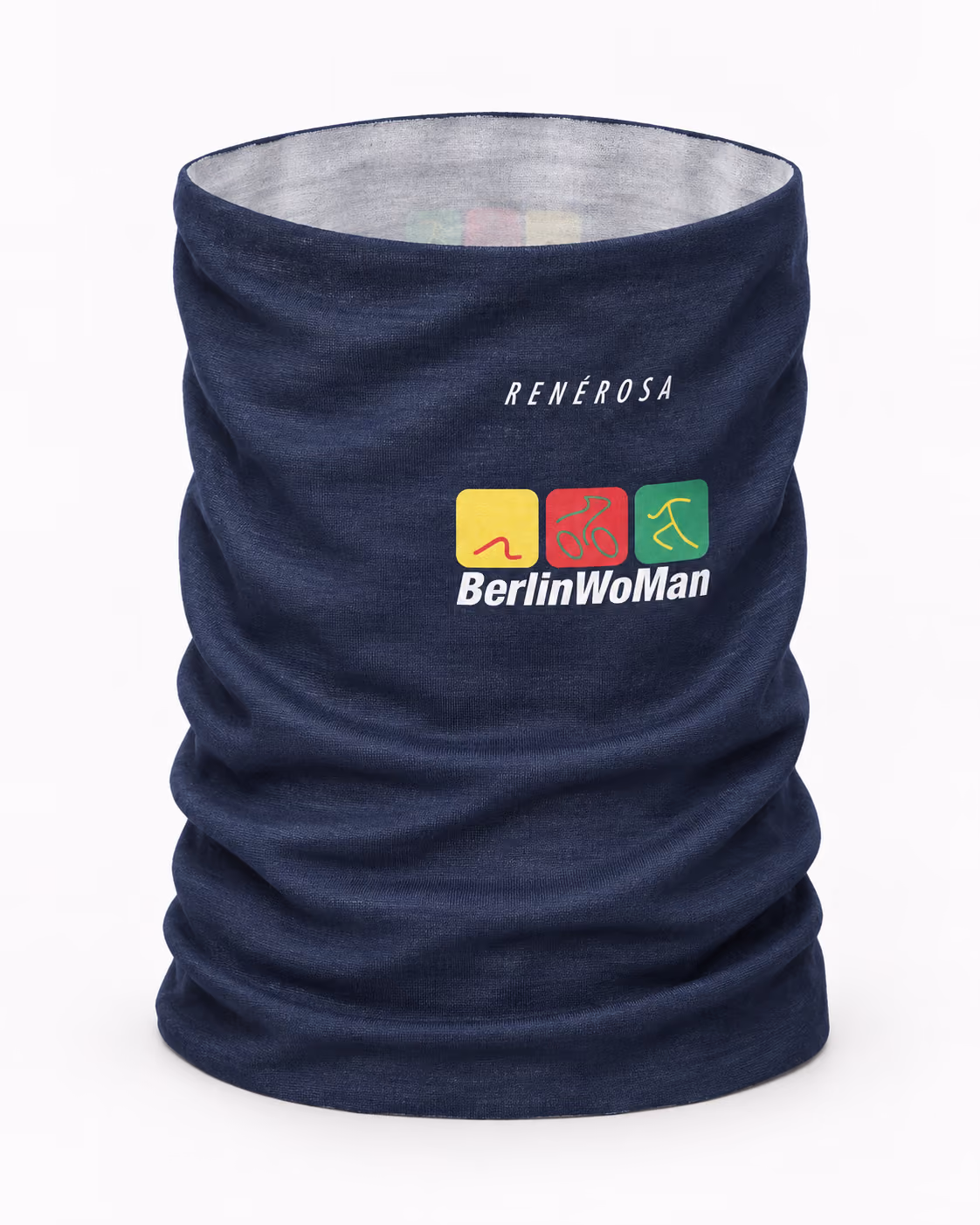 Dunkelblauer Schlauchschal mit weißem Schriftzug ‚RENÉROSA‘ und Logo mit drei farbigen Quadraten in Gelb, Rot und Grün sowie dem Text ‚BerlinWoMan‘ darunter.