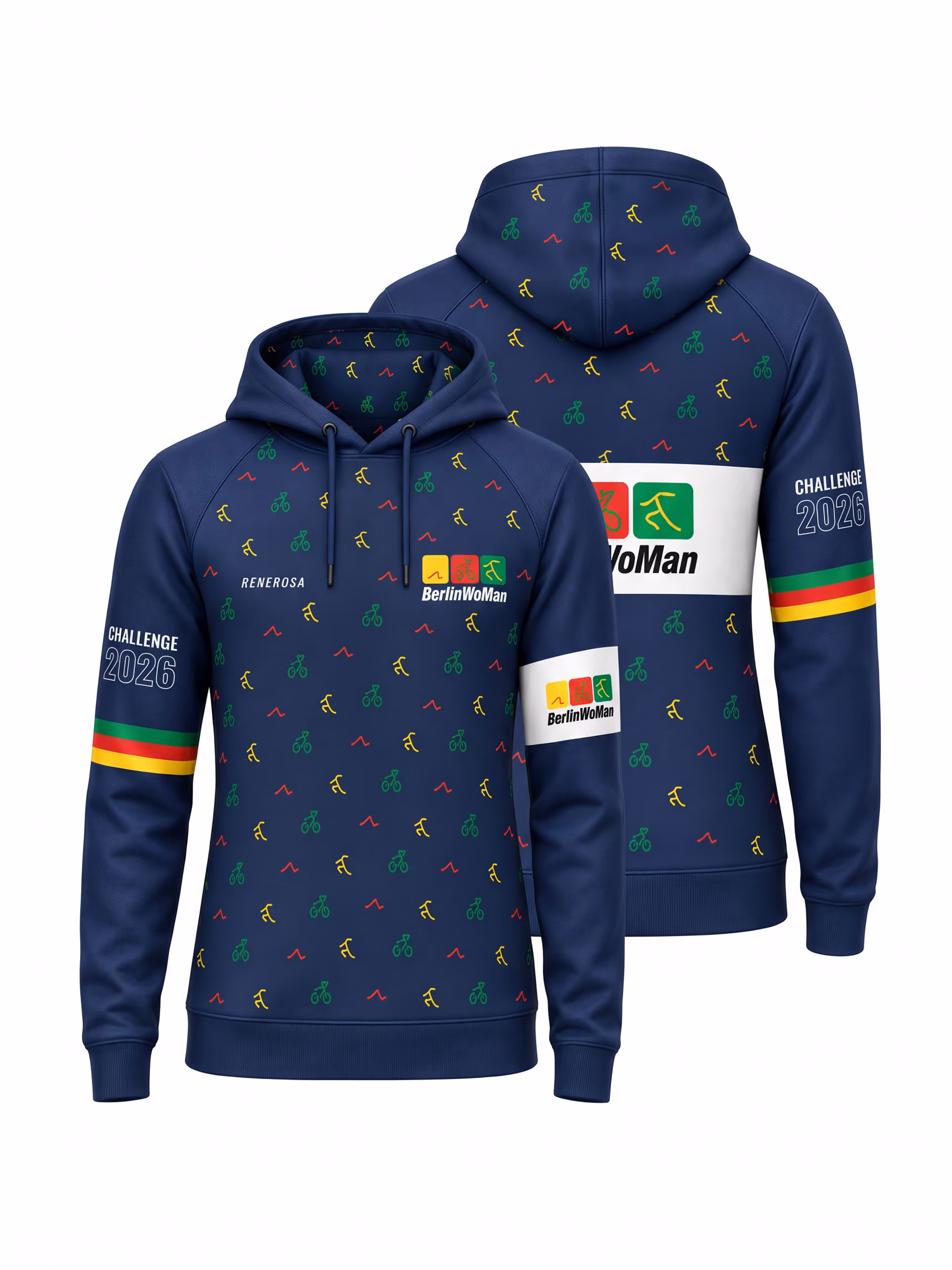 Navyblauer Hoodie mit kleinen, bunten Symbolen für Laufen, Radfahren und Schwimmen, vorne und hinten das Logo und Schriftzug 'BerlinWoMan', Ärmel mit Aufdruck 'CHALLENGE 2026' und farbigen Streifen in Grün, Gelb und Rot.