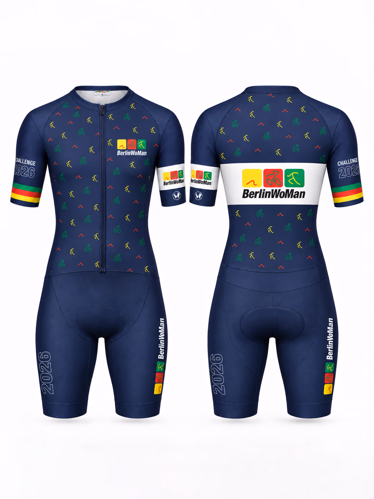 Dunkelblauer Damen-Radtrikot-Anzug mit bunten Symbolen für Schwimmen, Radfahren und Laufen sowie Schriftzug BerlinWoMan und Jahreszahl 2026, Vorder- und Rückansicht.