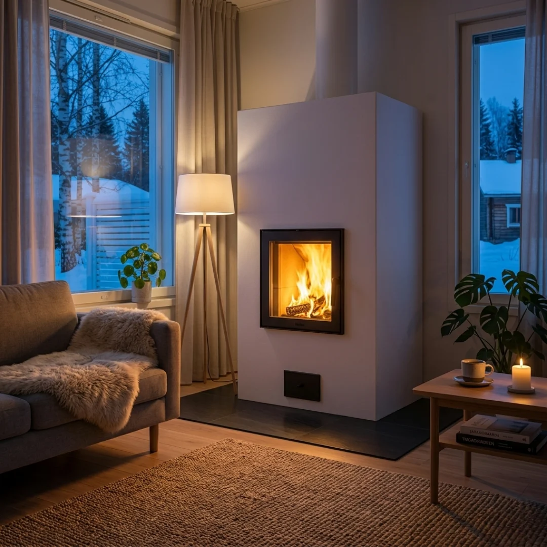 Kompakti ja moderni Hehku-takka olohuoneessa. Suuri lasiluukku tuo elävän tulen kauniisti esiin ja luo lämpöä hämärtyvään iltaan.