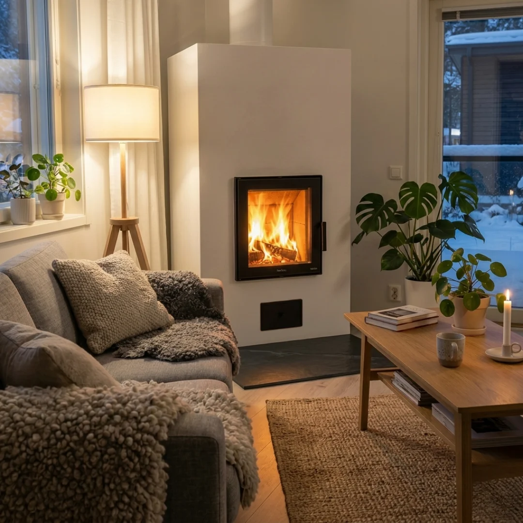 Moderni ja valkoinen Hehku-takka luo lämmintä tunnelmaa kotoisassa olohuoneessa. Kompakti varaava takka on asennettu turvallisesti tummalle alustalle.