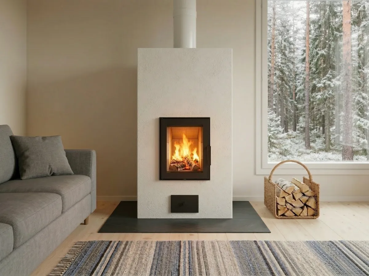 Valkoinen varaava Hehku-takka valoisassa suomalaisessa olohuoneessa talvimaiseman äärellä. Takka on asennettuna siististi tummalle kipinäsuojalle.