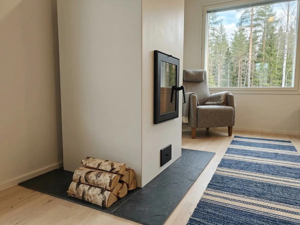 Sivuprofiili Hehku-takasta näyttää sen siron ja kapean koon. Kompakti takka mahtuu pieneenkin tilaan, vieressä halkopino ja nojatuoli.