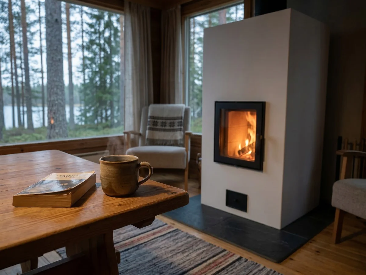 Kotoisa kahvihetki mökillä pöydän ääressä, taustalla lämpöä ja tunnelmaa hohkaava kompakti Hehku-takka.