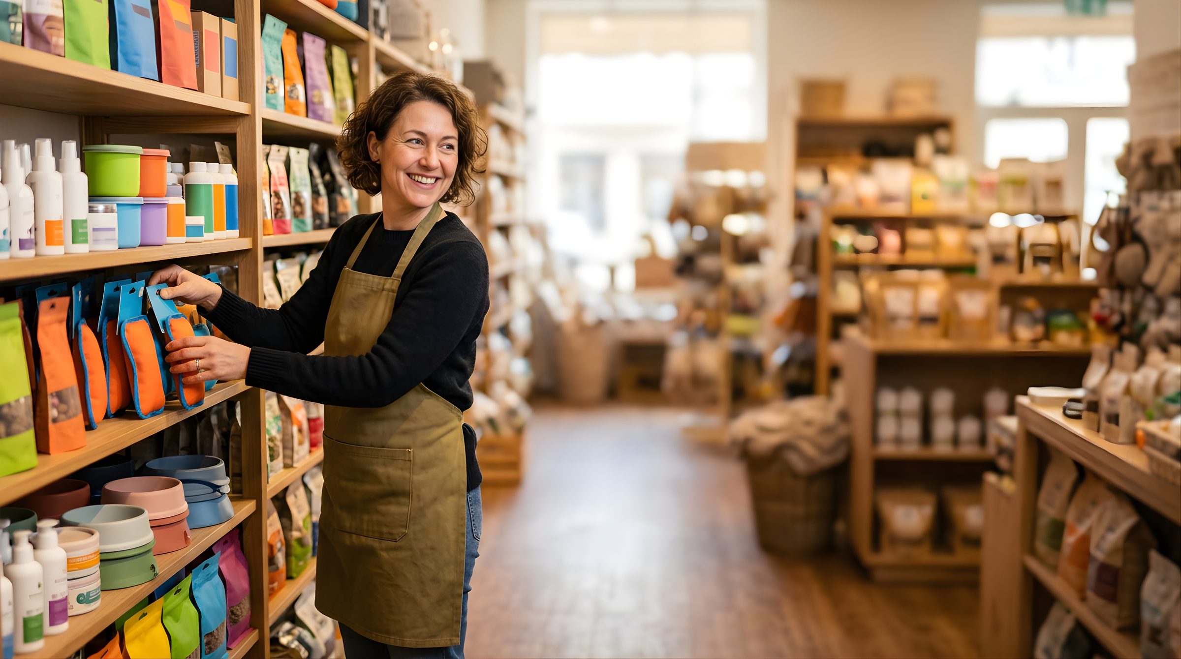 Commerçante agençant les rayons de son commerce de proximité