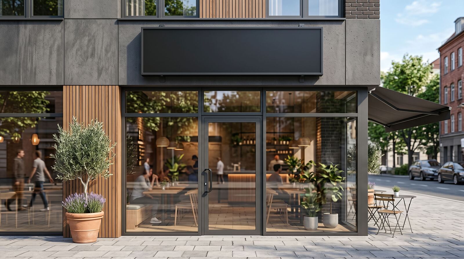 Vitrine d'un local commercial en pied d'immeuble, exploité sous bail commercial
