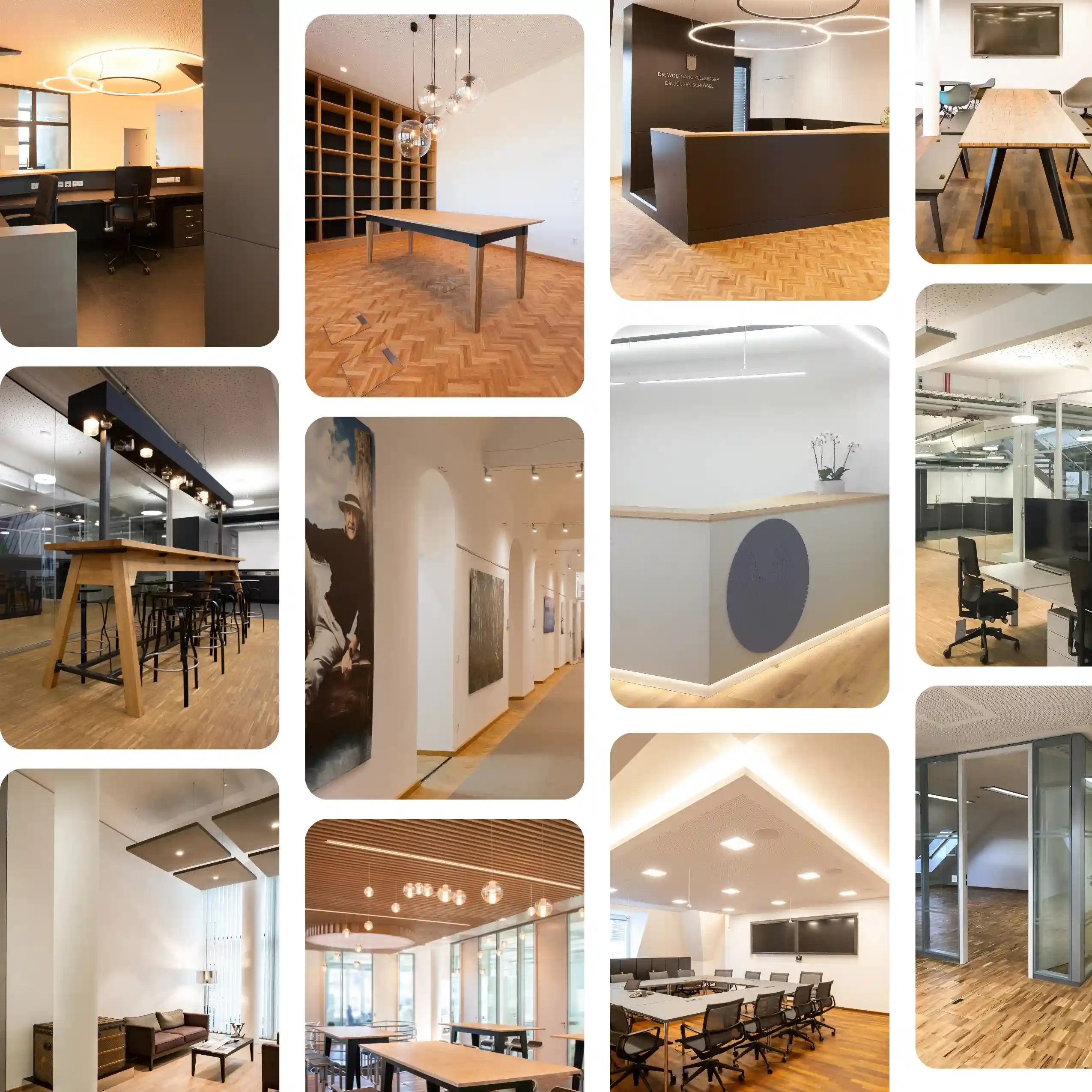 Moderne Innenarchitektur mit Fokus auf Bürogestaltung: Helle, funktionale Räume mit klaren Linien und hochwertigen Materialien, gestaltet im Sinne zeitgemäßer Architektur.