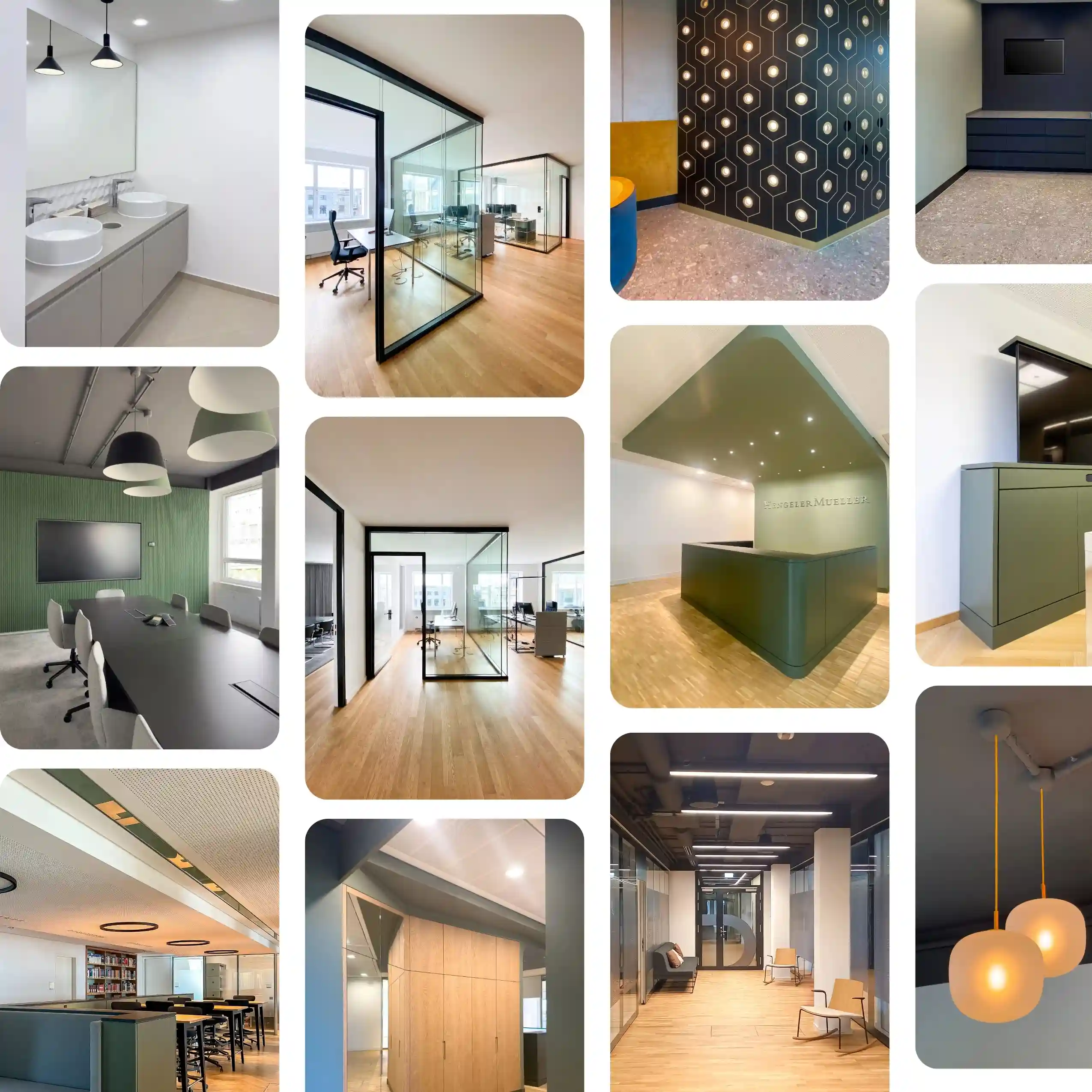 Moderne Innenarchitektur mit Fokus auf Bürogestaltung: Helle, funktionale Räume mit klaren Linien und hochwertigen Materialien, gestaltet im Sinne zeitgemäßer Architektur.