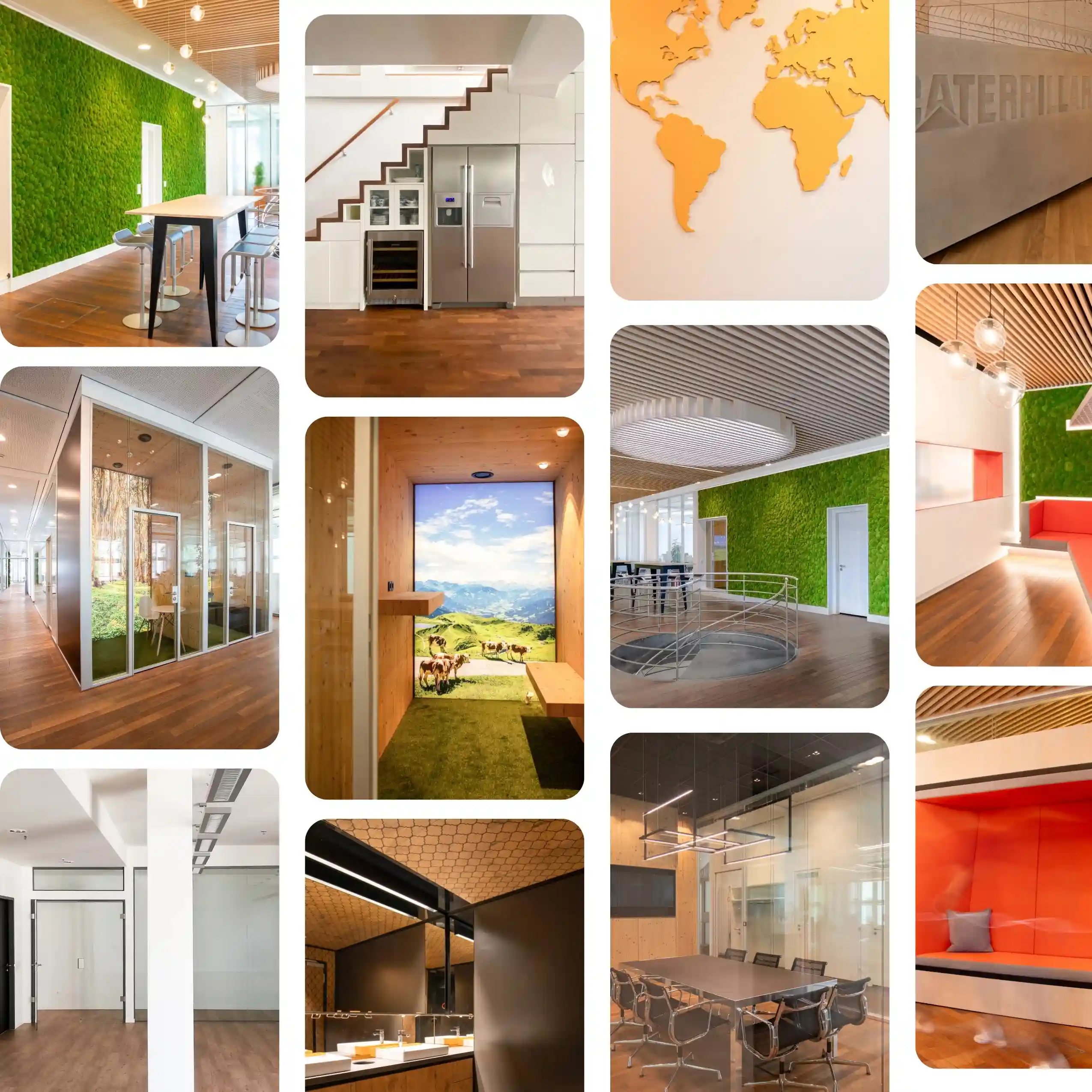 Moderne Innenarchitektur mit Fokus auf Bürogestaltung: Helle, funktionale Räume mit klaren Linien und hochwertigen Materialien, gestaltet im Sinne zeitgemäßer Architektur.