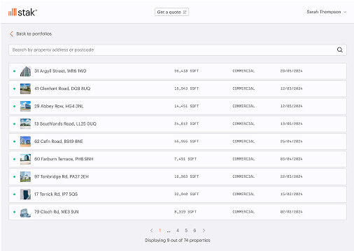 Screenshot of Stak Hub online platform showing a list of captured properties