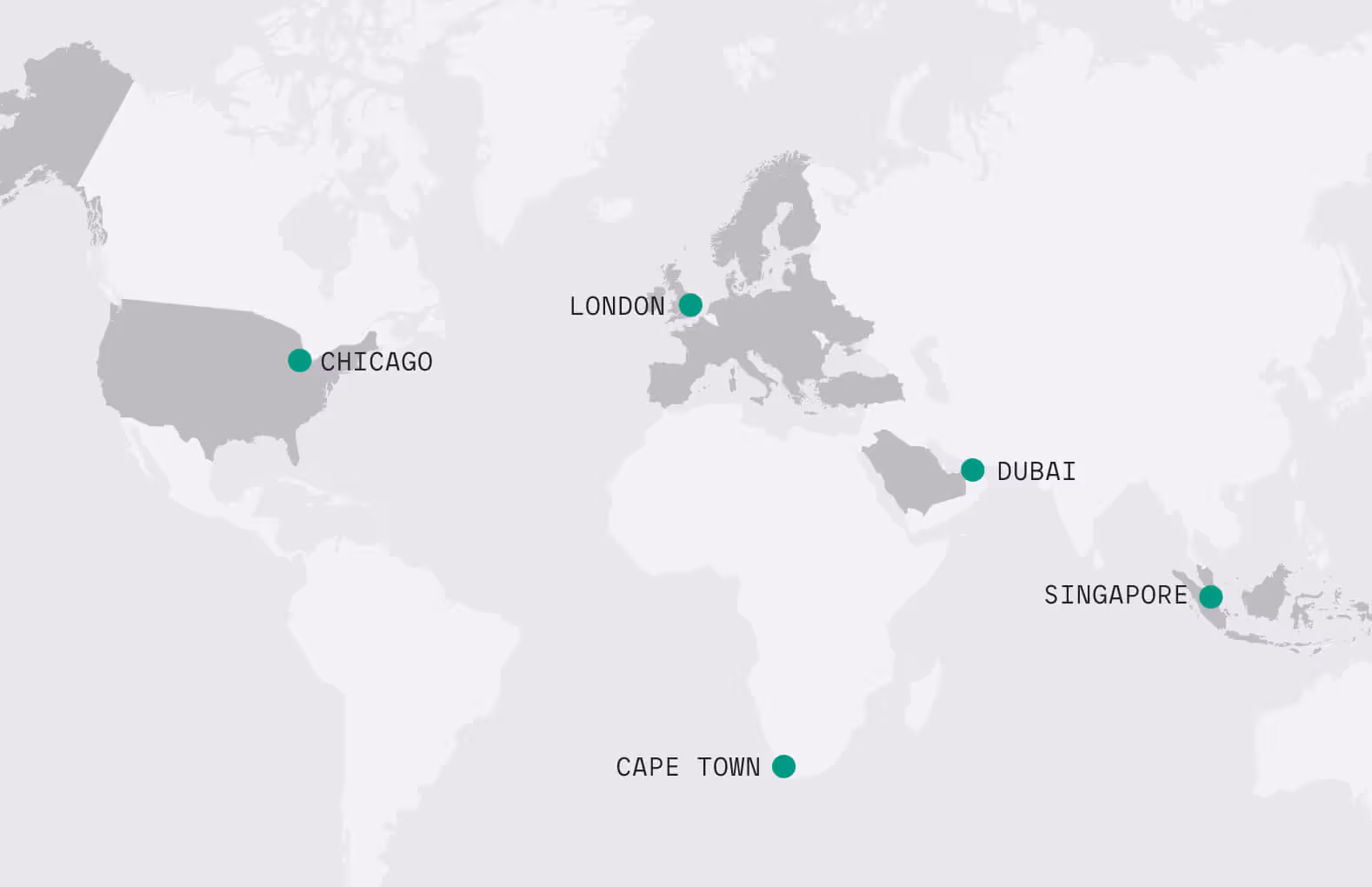 World map, highlighting Chicago, London, Dubai, Cape Town and Singapore