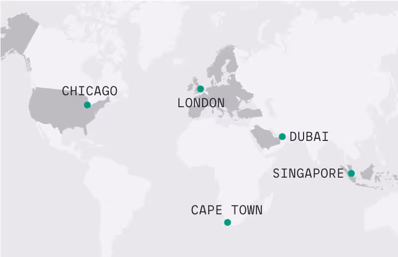 World map, highlighting Chicago, London, Dubai, Cape Town and Singapore