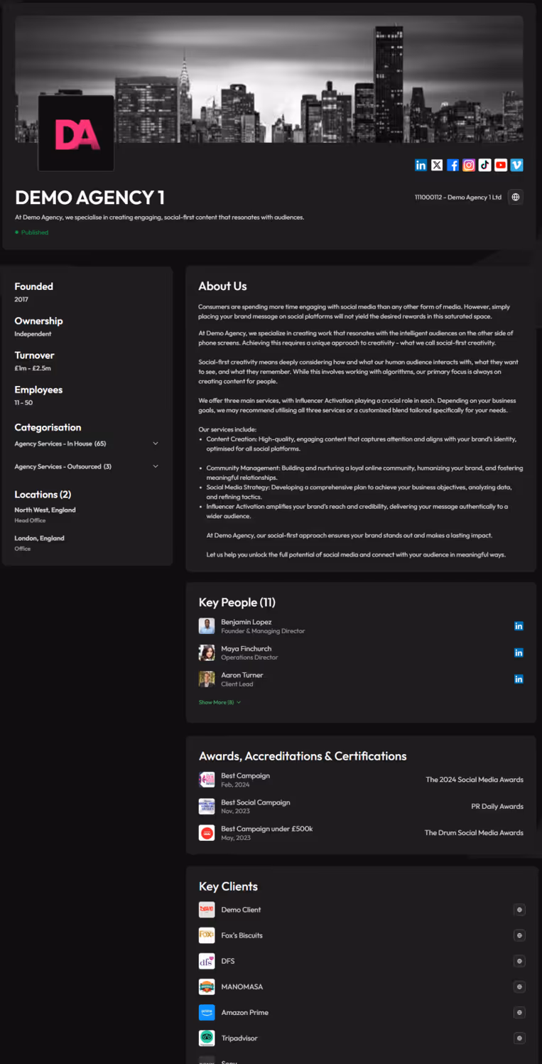 Demo Agency 1 profile page with black and white city skyline banner, agency description, social media links, company details, about us section, key people, awards, and key clients listed.