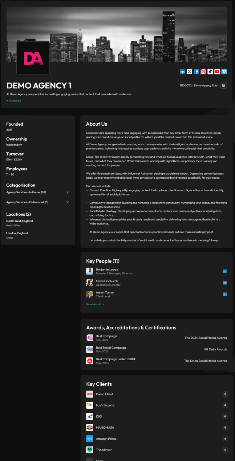Demo Agency 1 profile page with black and white city skyline banner, agency description, social media links, company details, about us section, key people, awards, and key clients listed.