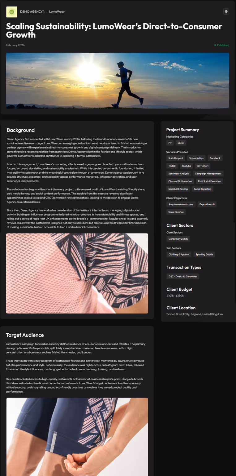 Digital report titled 'Scaling Sustainability: LumoWear’s Direct-to-Consumer Growth' with a banner photo of a person running outdoors during sunrise or sunset.