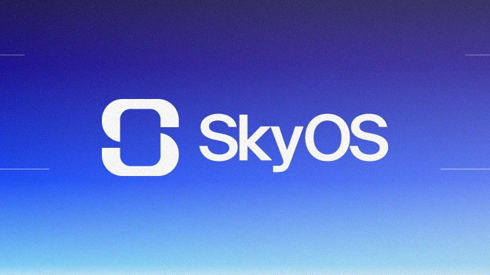 Person using the SkyOS mobile app at a desk with a notebook, coffee, and laptop nearby