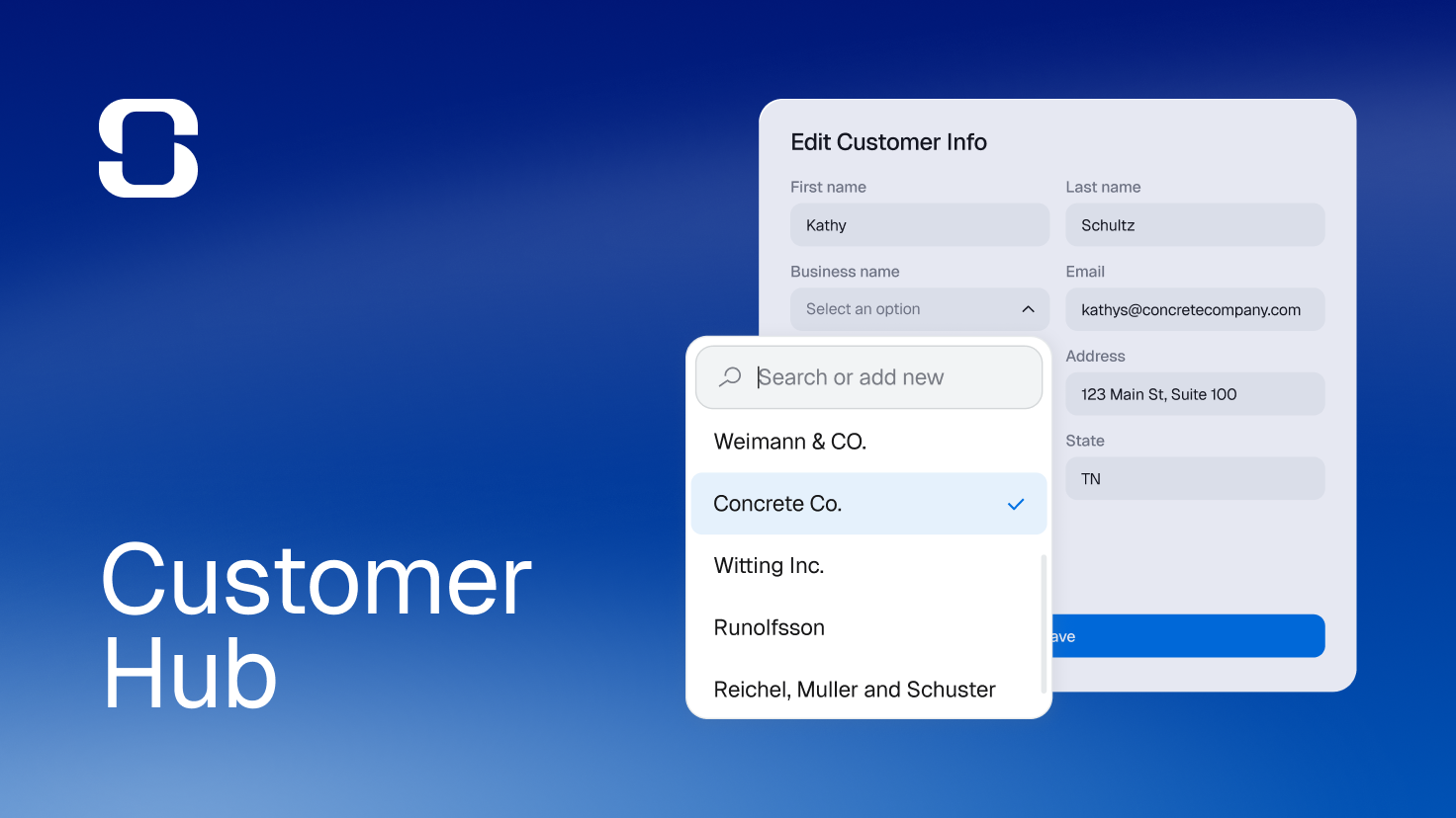 Customer Hub interface with business selection options for associations