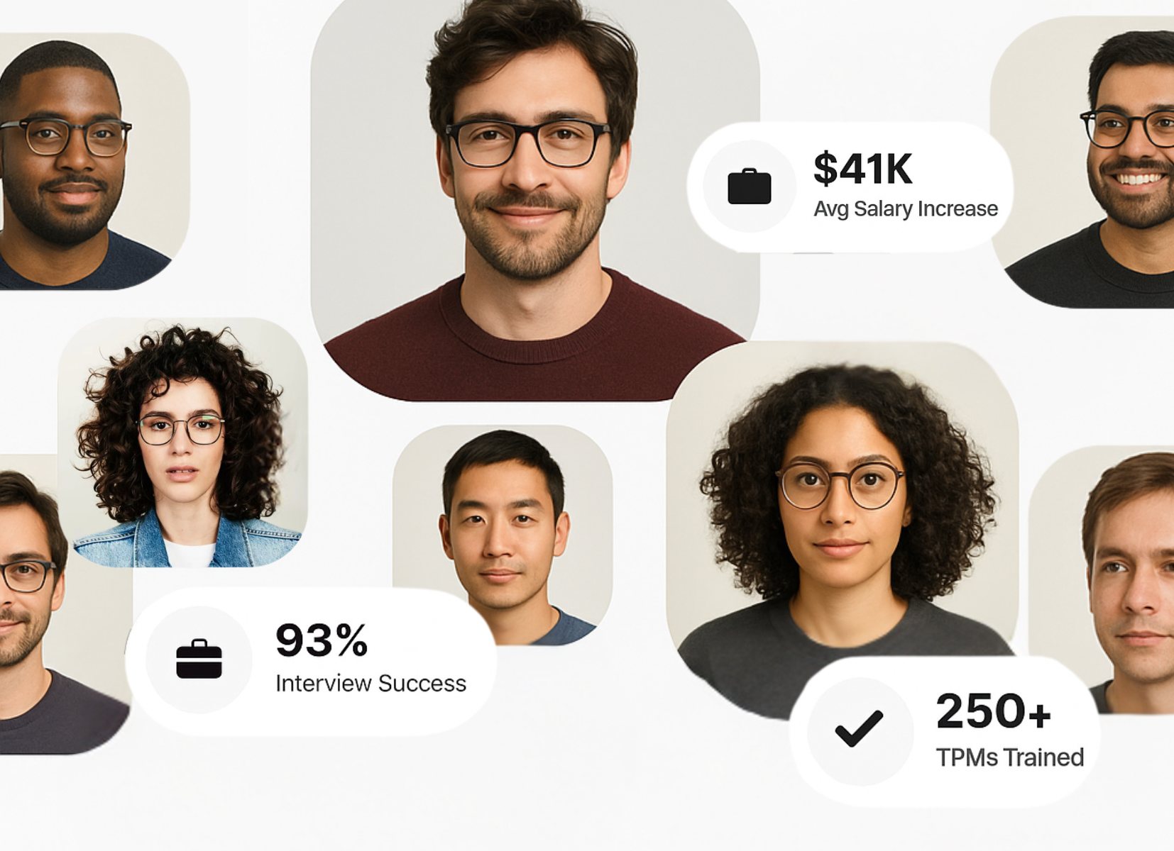 Three diverse individuals with confident expressions featured in a course advertisement. Overlay text highlights a $41K average salary increase, 93% interview success rate, and TPM badge. A 'Buy Course' button is visible at the top right.