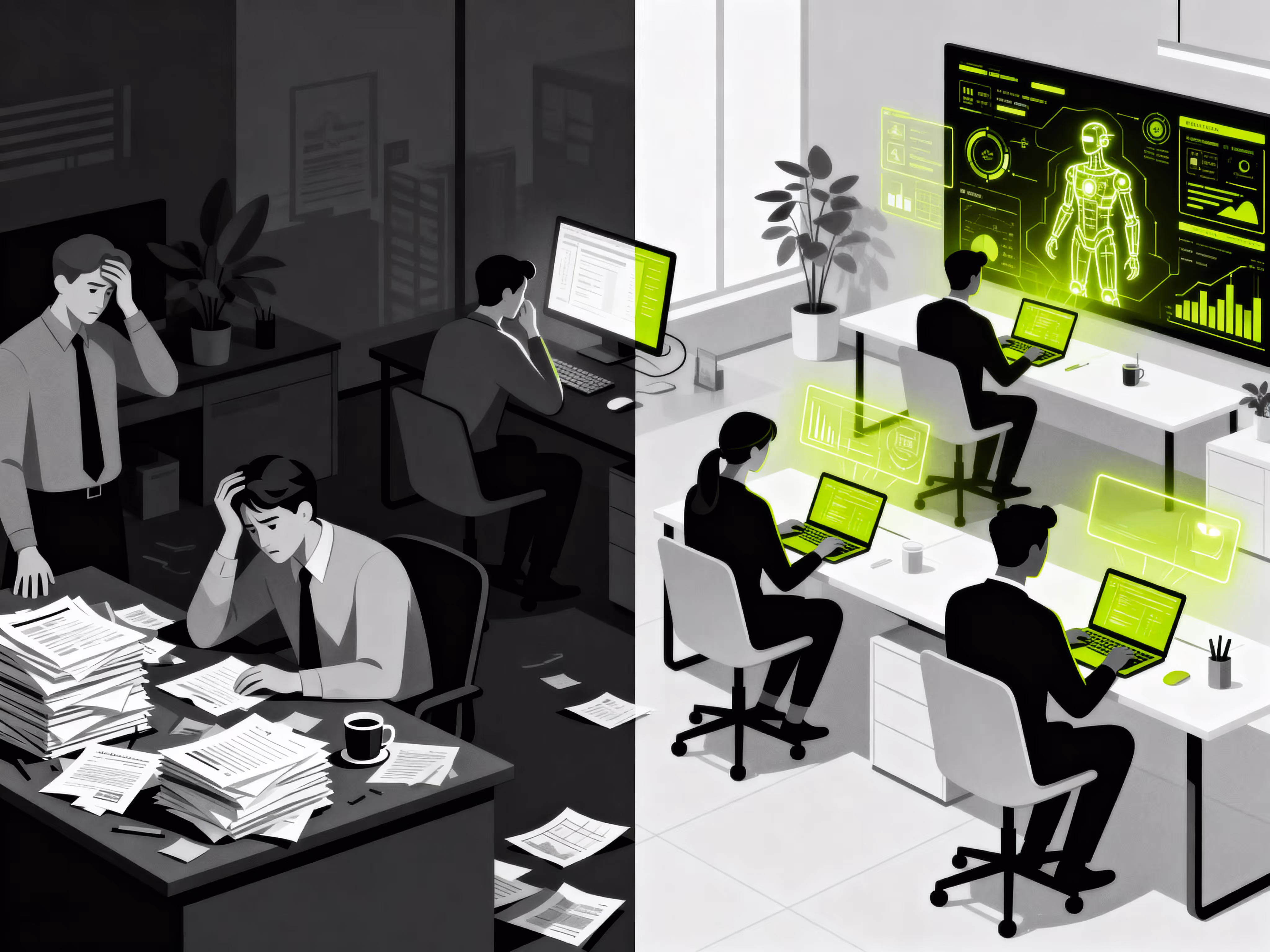 Illustration comparing traditional compliance teams overwhelmed with paperwork on the left and AI-powered teams using digital tools and data dashboards on the right — representing transformation from cost center to competitive advantage