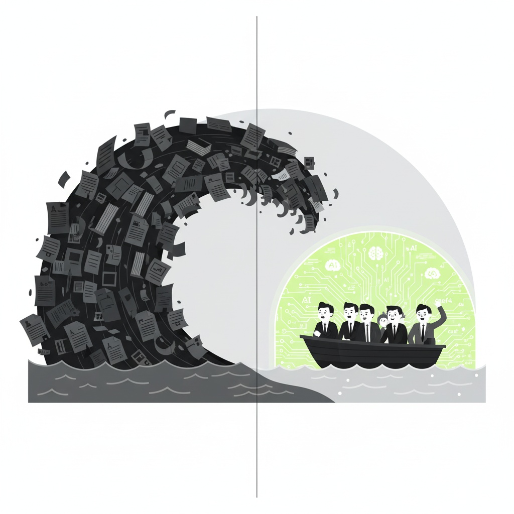 Illustration showing a massive wave made of regulatory documents towering over a small team in a boat, symbolizing the overwhelming compliance burden faced by small teams.